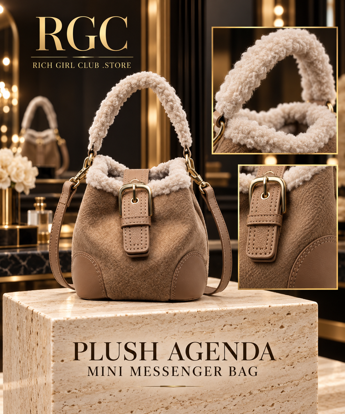 Khaki Plush Agenda Mini Messenger Bag on a travertine pedestal with close views of the plush trim, top handle, buckle tab, and corner stitching.