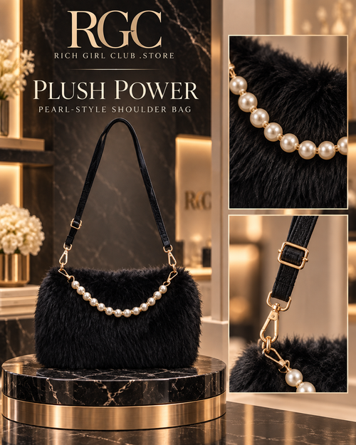 Black Plush Power Pearl-Style Shoulder Bag with close views of the plush surface, pearl-style front row, strap, and gold-tone hardware.