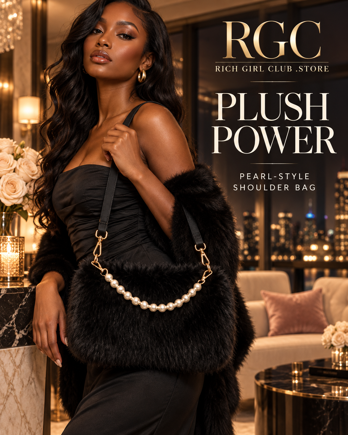 Confident adult model carrying the black Plush Power Pearl-Style Shoulder Bag in a luxury penthouse campaign.