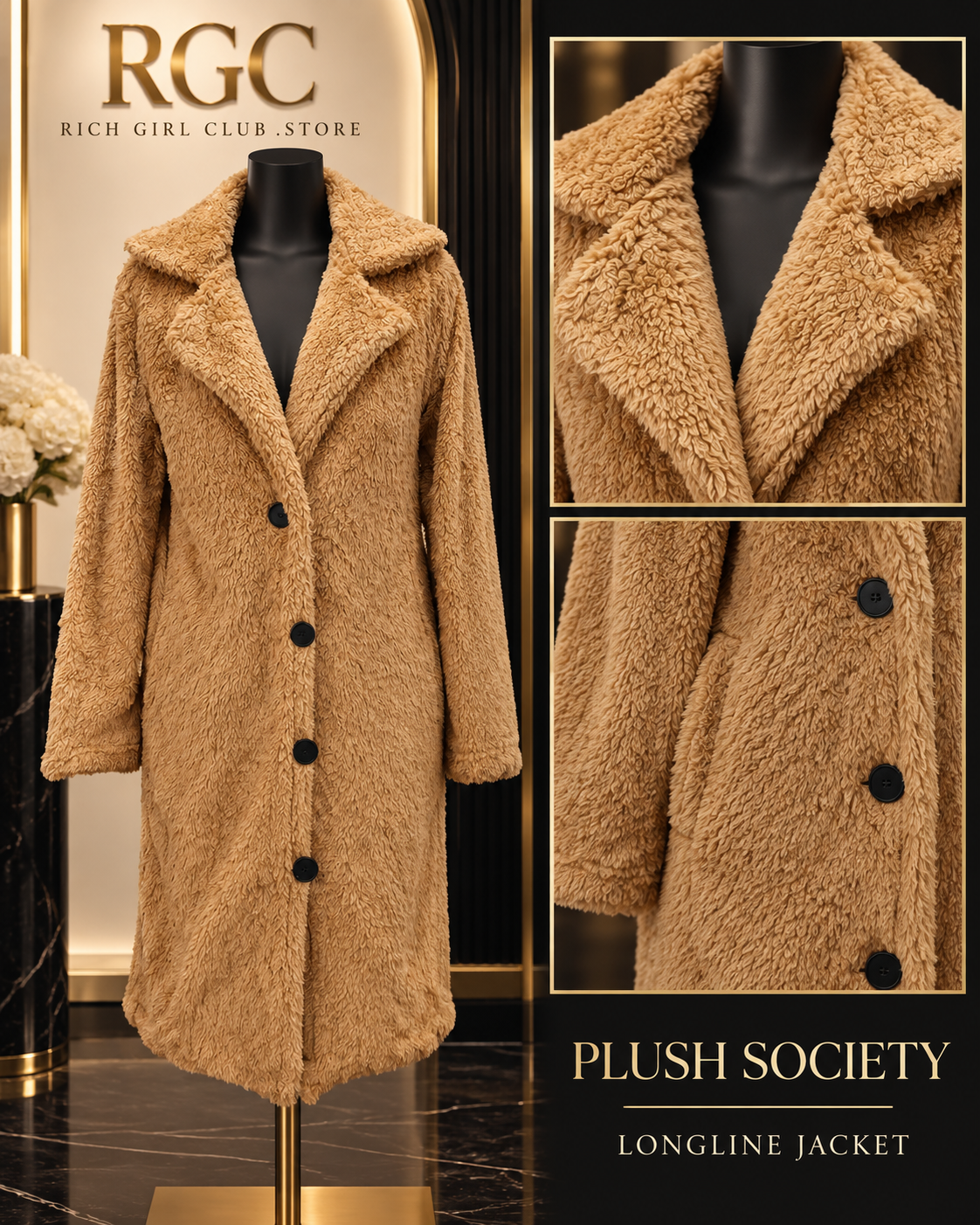 RGC mannequin detail of the camel Plush Society Longline Jacket showing its plush texture, wide lapels, black buttons, and hip pockets.