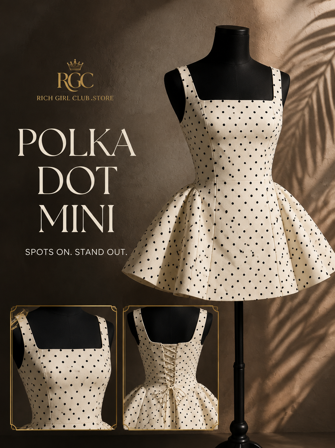 Polka Dot Mini RGC mannequin campaign with square-neck front and corset-back details