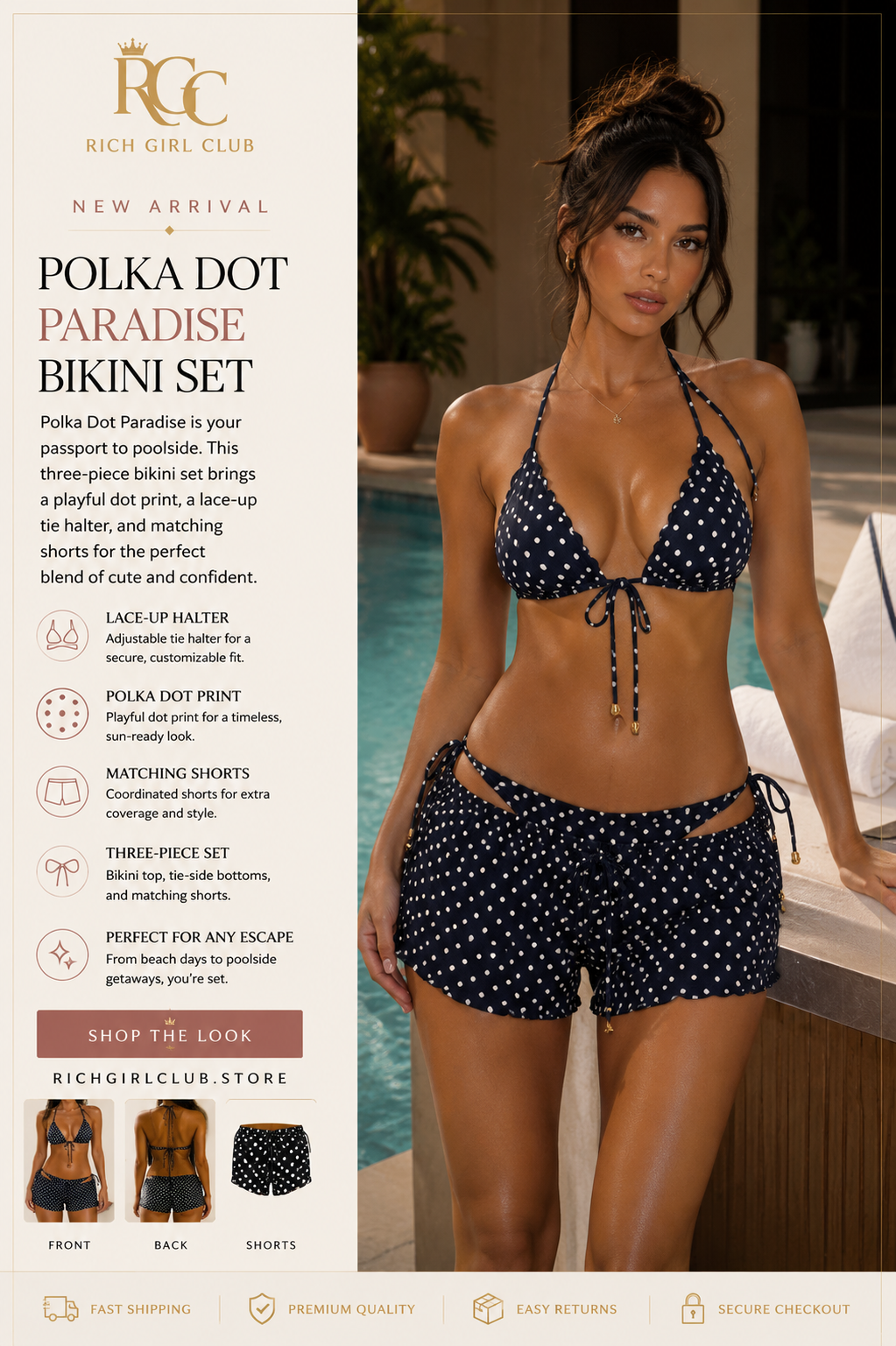 Polka Dot Paradise Bikini Set - New Arrival lifestyle ad photo, navy polka dot lace-up bikini and shorts