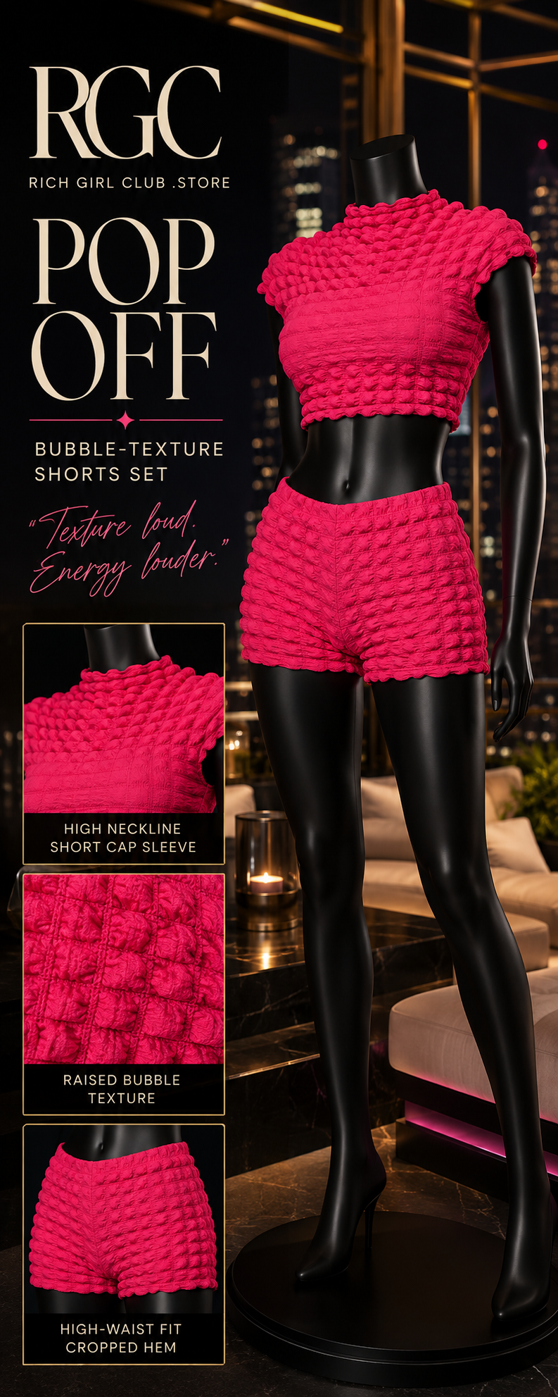 Pop Off Bubble-Texture Shorts Set RGC mannequin and product-detail companion.