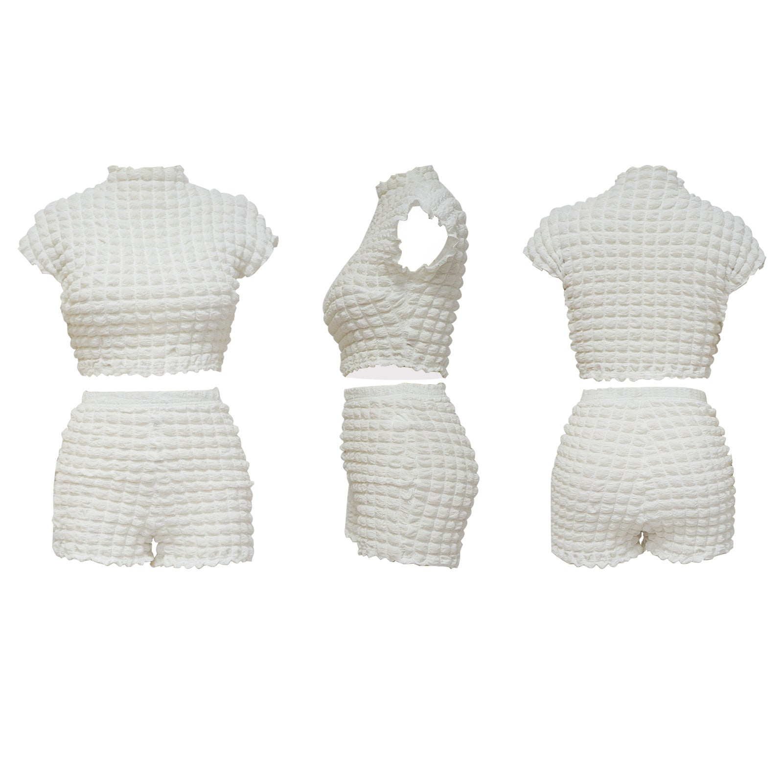 White bubble-texture crop top and matching shorts shown in product-only front, side, and back views.