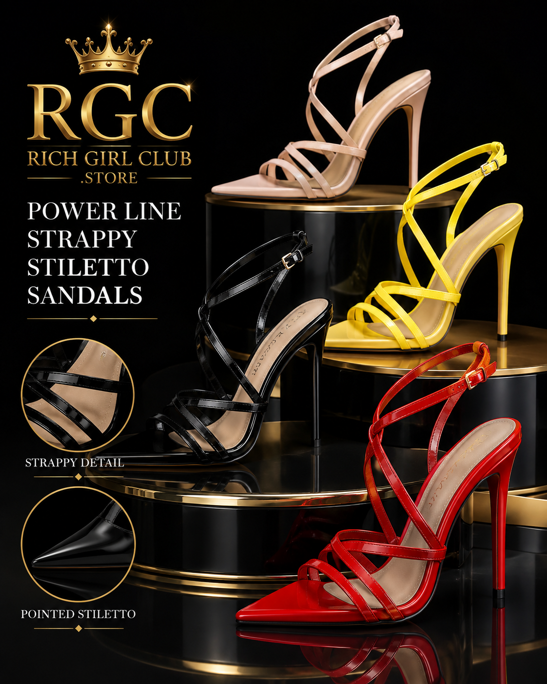 Power Line Strappy Stiletto Sandals RGC detail showing apricot, black, red, and yellow
