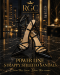 Power Line Strappy Stiletto Sandals RGC campaign featuring glossy black pointed sandals