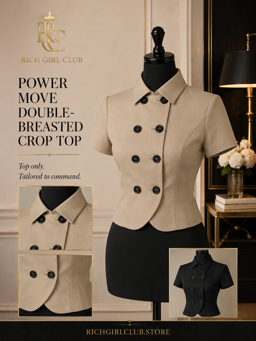 Power Move Double-Breasted Crop Top khaki mannequin and black color detail RGC campaign