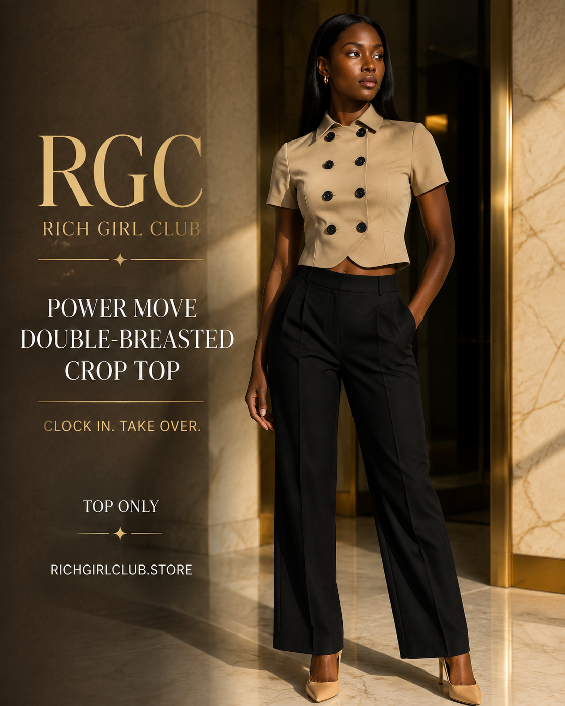 Power Move Double-Breasted Crop Top in khaki on an adult Black model; top only