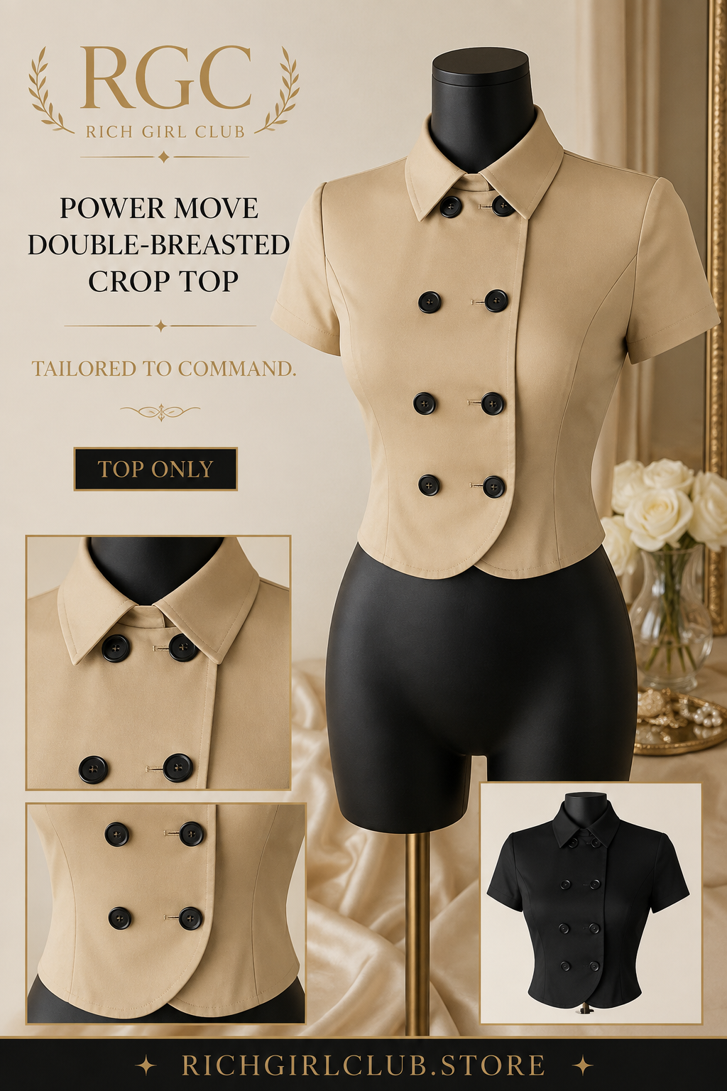 Power Move Double-Breasted Crop Top in khaki on a mannequin with collar, button, seam, hem, and black color details
