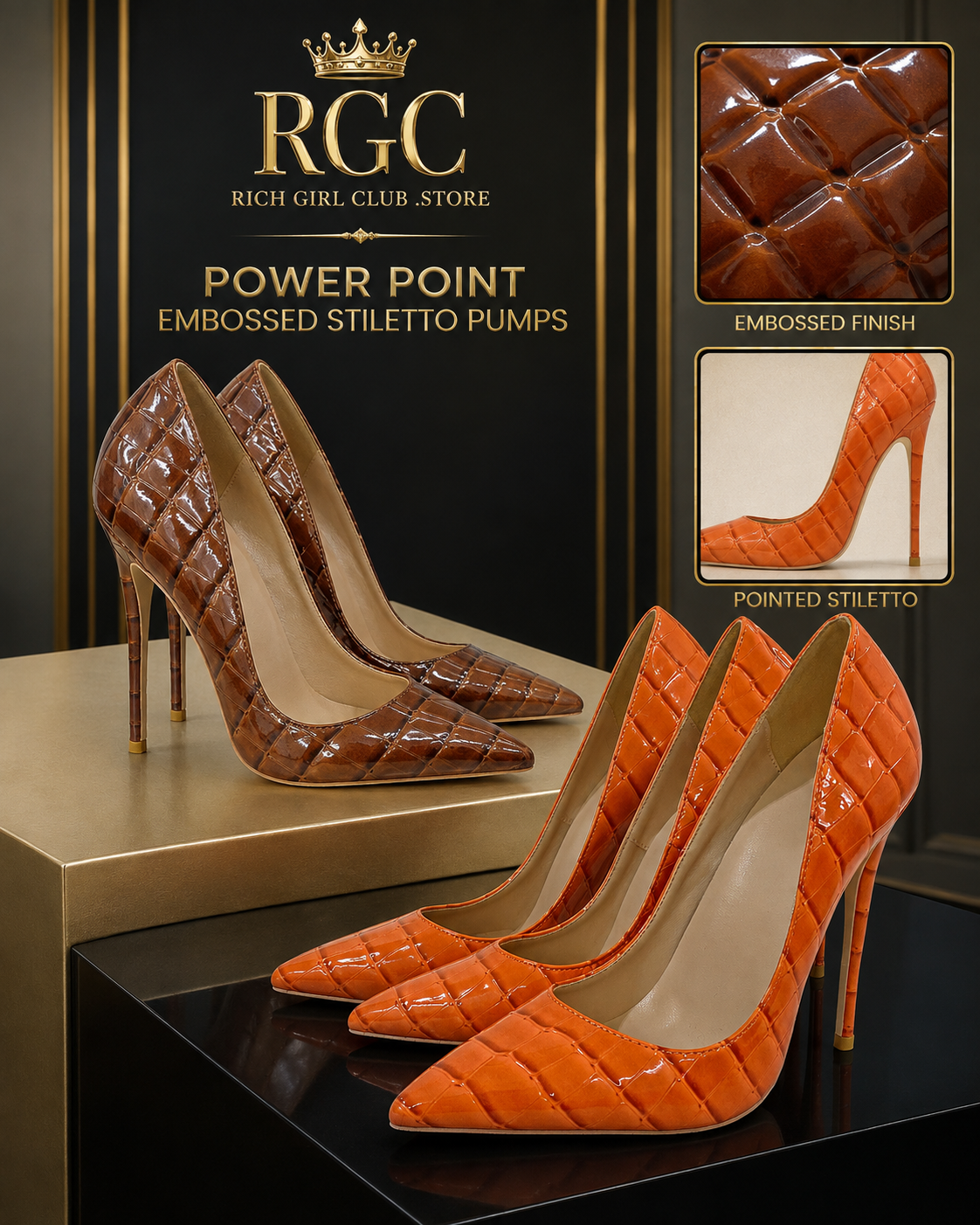 Power Point Embossed Stiletto Pumps RGC detail showing orange and brown colorways