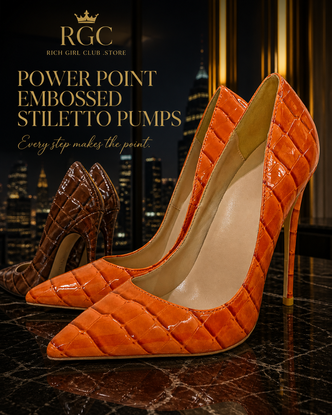 Power Point Embossed Stiletto Pumps RGC campaign featuring orange and brown pointed pumps