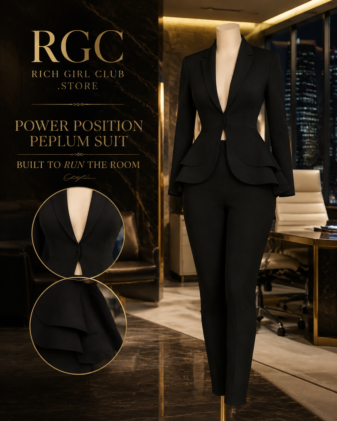 Power Position Peplum Suit in black on a cream mannequin in a luxury executive office, highlighting the deep-V jacket and layered peplum