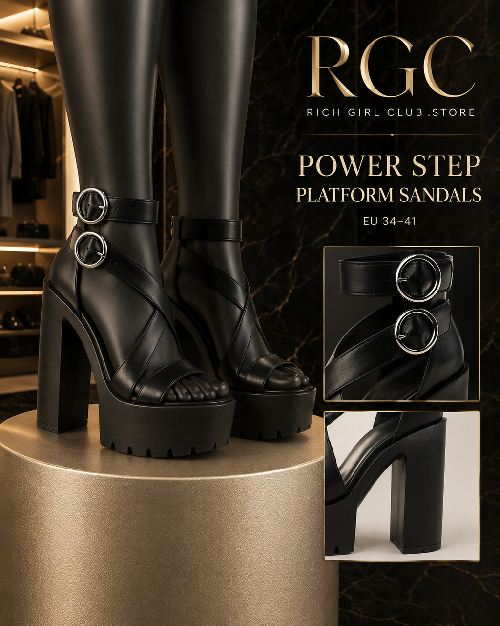 Power Step Platform Sandals showing black PU straps, double buckles, lugged platform and block heel