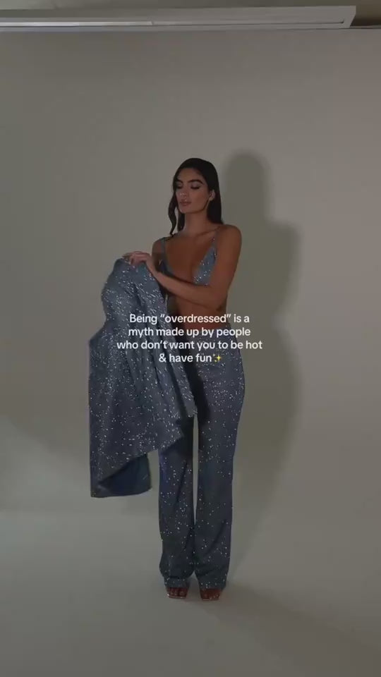 Additional video view of the After Dark Sequin Power Suit and sequin finish.