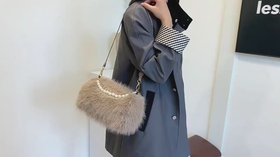 Video close-up of the Plush Power Pearl-Style Shoulder Bag and its plush exterior.