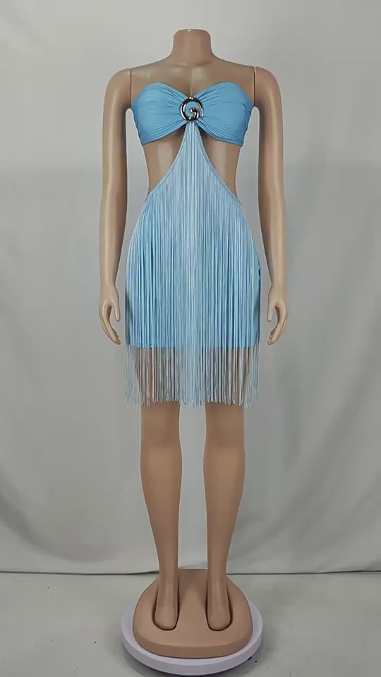 Fringe Benefits Mini Dress video showing the strapless cutout silhouette and cascading fringe
