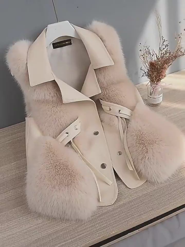 Light milk-tea Soft Power Faux-Fur Vest product display showing the lapels, sleeveless cut, faux-fur side panels, snap front, and waist ties.