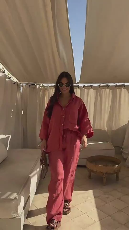Resort Ease Set video 1 showing the coordinated shirt and trouser set in motion.