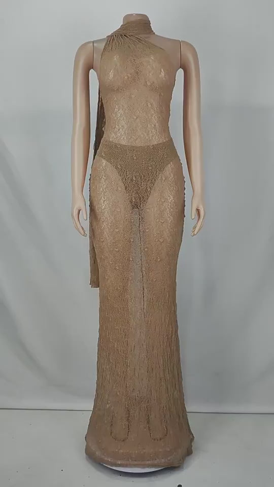 Lace After Midnight Maxi Dress video showing the sheer floral-lace maxi silhouette in motion.