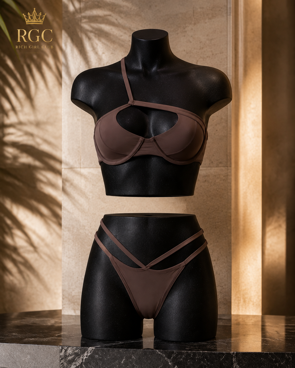 Private Island brown strappy one-shoulder bikini set on RGC mannequin, front detail