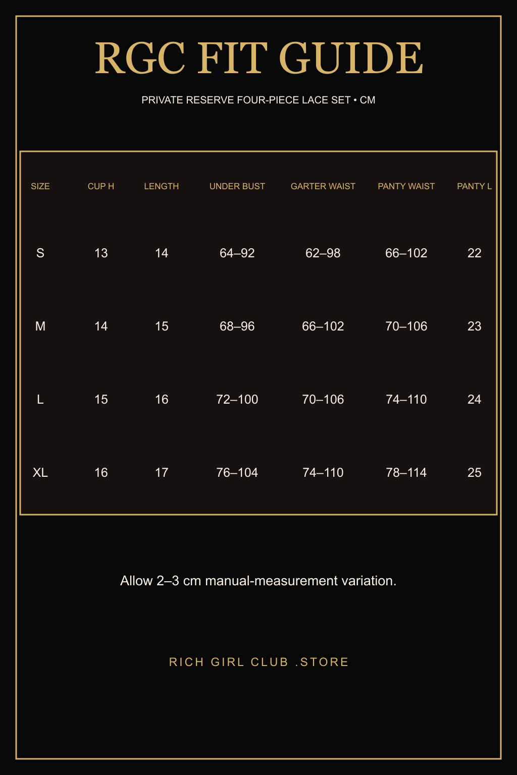 RGC Fit Guide for the Private Reserve Four-Piece Lace Set with verified S through XL measurements in centimeters.