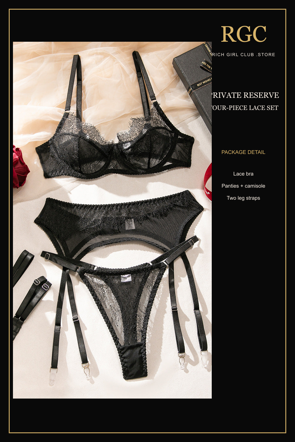 RGC package-detail presentation of the black Private Reserve Four-Piece Lace Set.