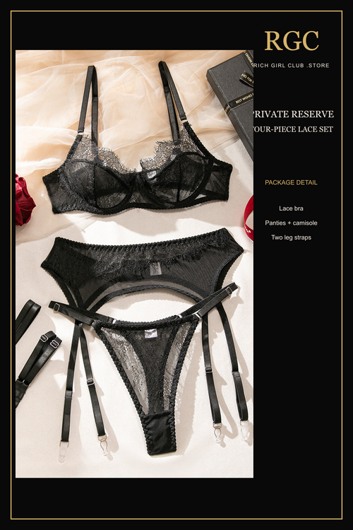 RGC package-detail presentation of the black Private Reserve Four-Piece Lace Set.