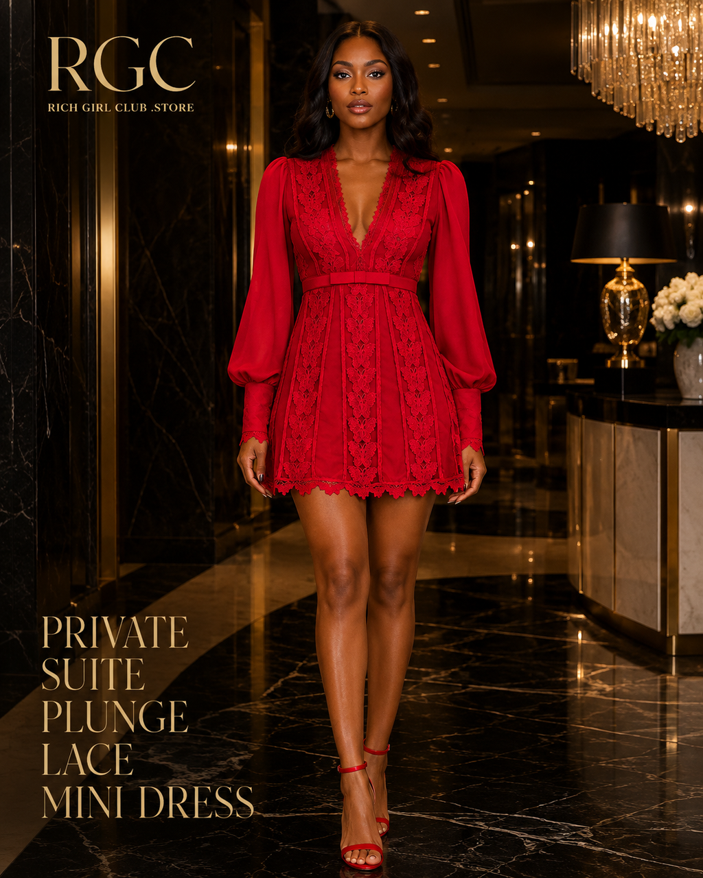 Private Suite Plunge Lace Mini Dress in red on a confident adult model in a luxury hotel suite