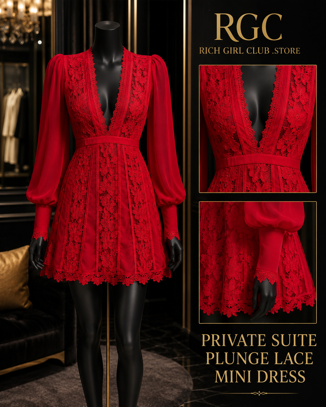 Private Suite Plunge Lace Mini Dress in red on a black mannequin with floral lace, cuff and scalloped hem details