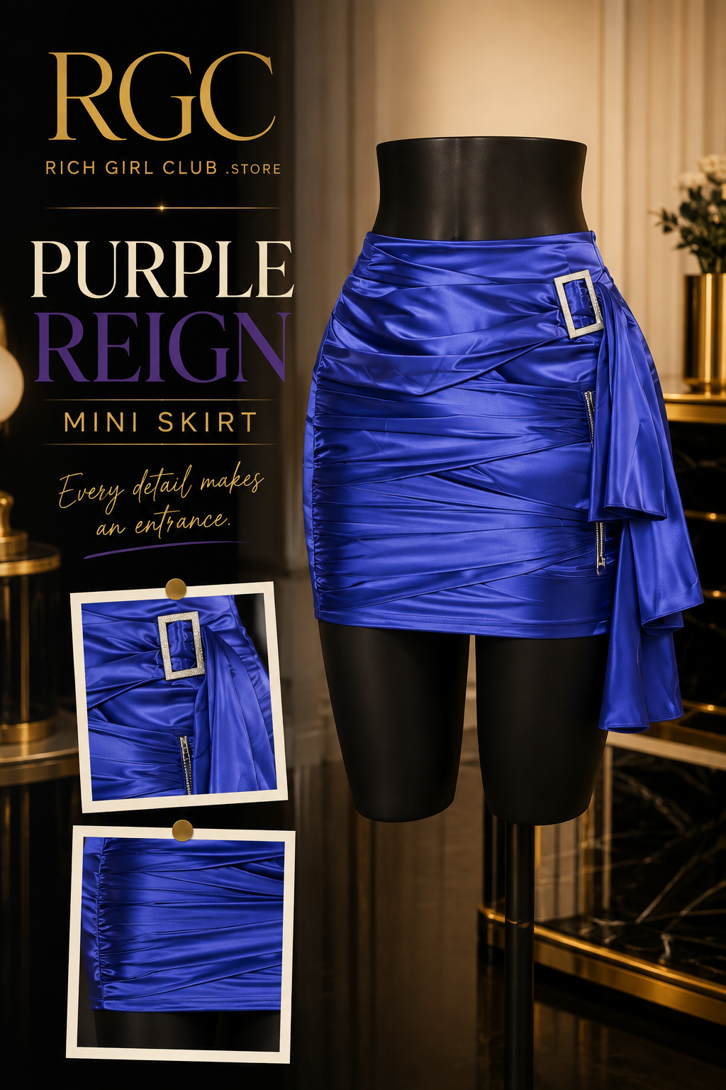 Purple Reign Mini Skirt RGC mannequin buckle and ruching detail