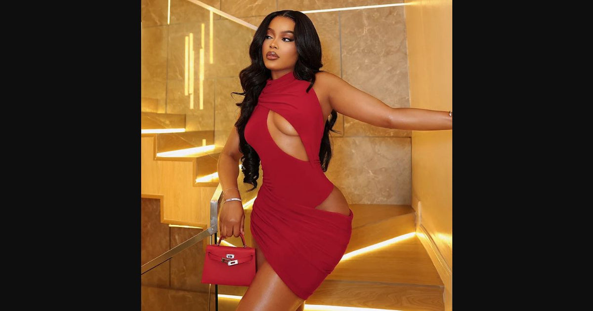 Redline Asymmetric Cutout Mini Dress in red, alternate styled view
