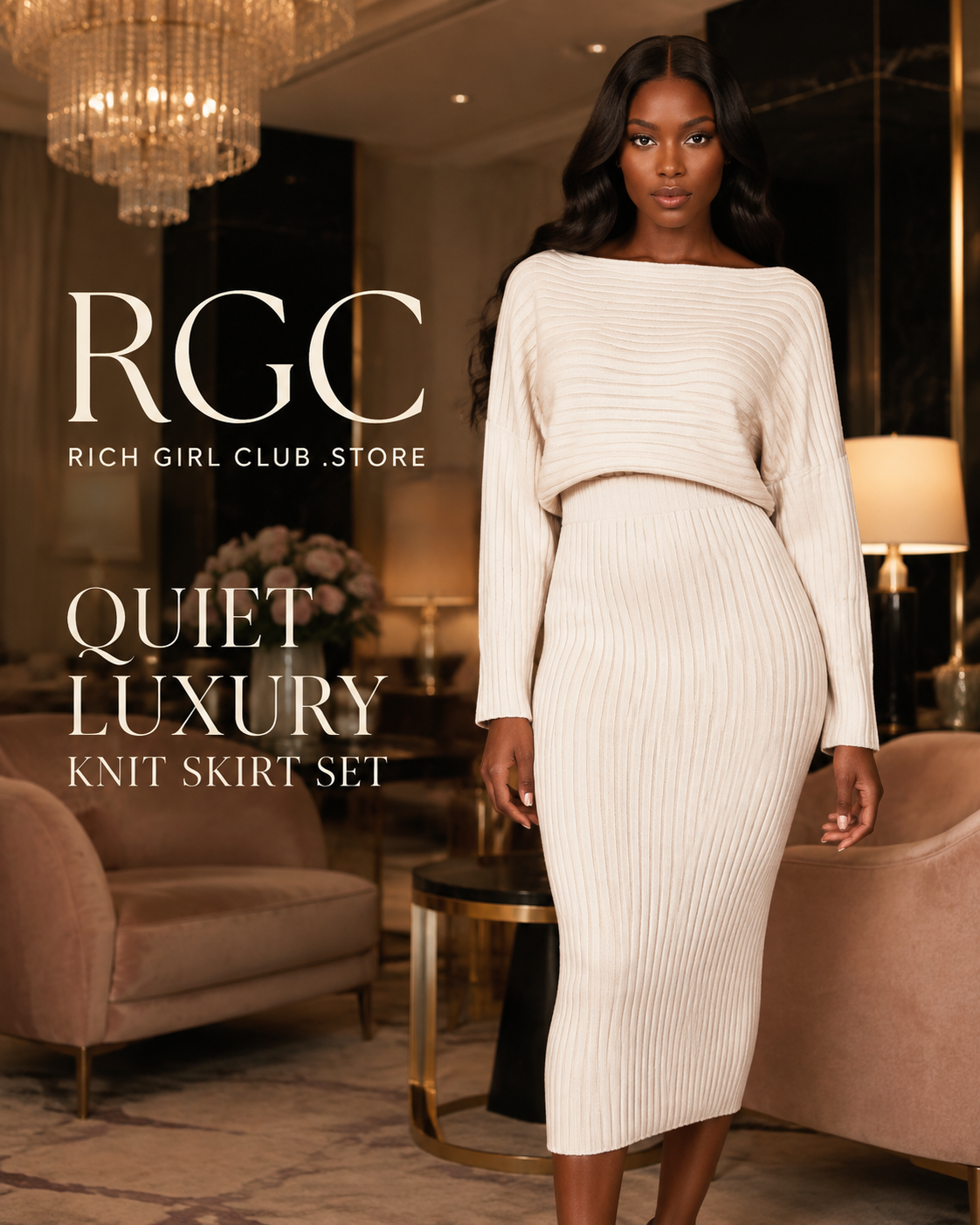 Quiet Luxury Knit Skirt Set in creamy white on an adult model in a luxury hotel, showing the long-sleeve rib-knit sweater and matching mid-length skirt.