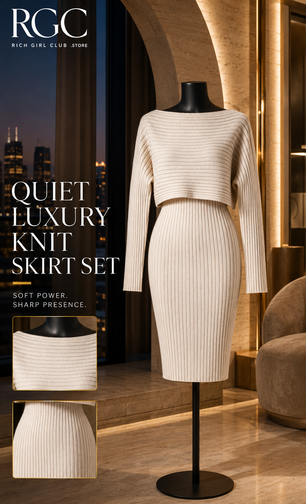 Quiet Luxury Knit Skirt Set in creamy white on a black mannequin in a cream-and-gold penthouse, with neckline and rib-knit detail frames