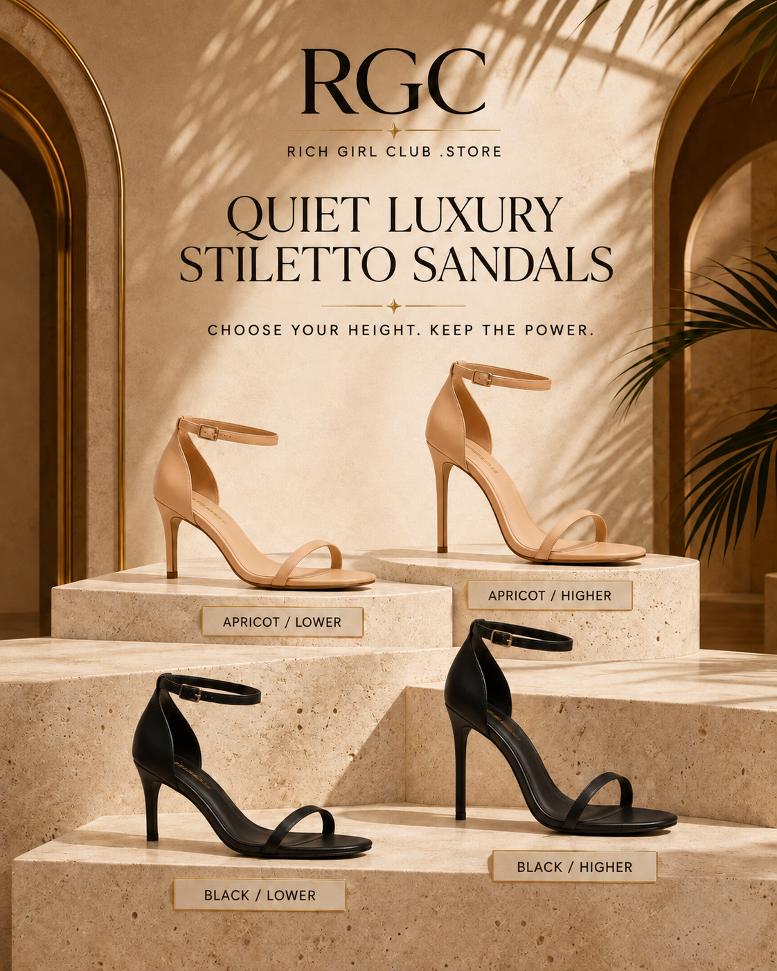 Quiet Luxury Stiletto Sandals in apricot and black with toe band, closed heel counter, ankle buckle and stiletto details