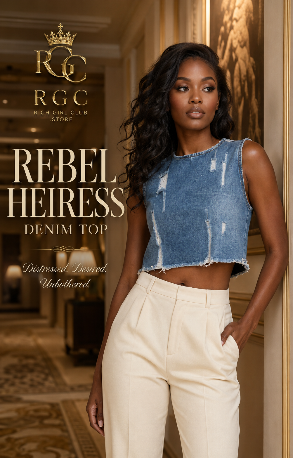 Rebel Heiress Denim Top RGC campaign hero on adult model