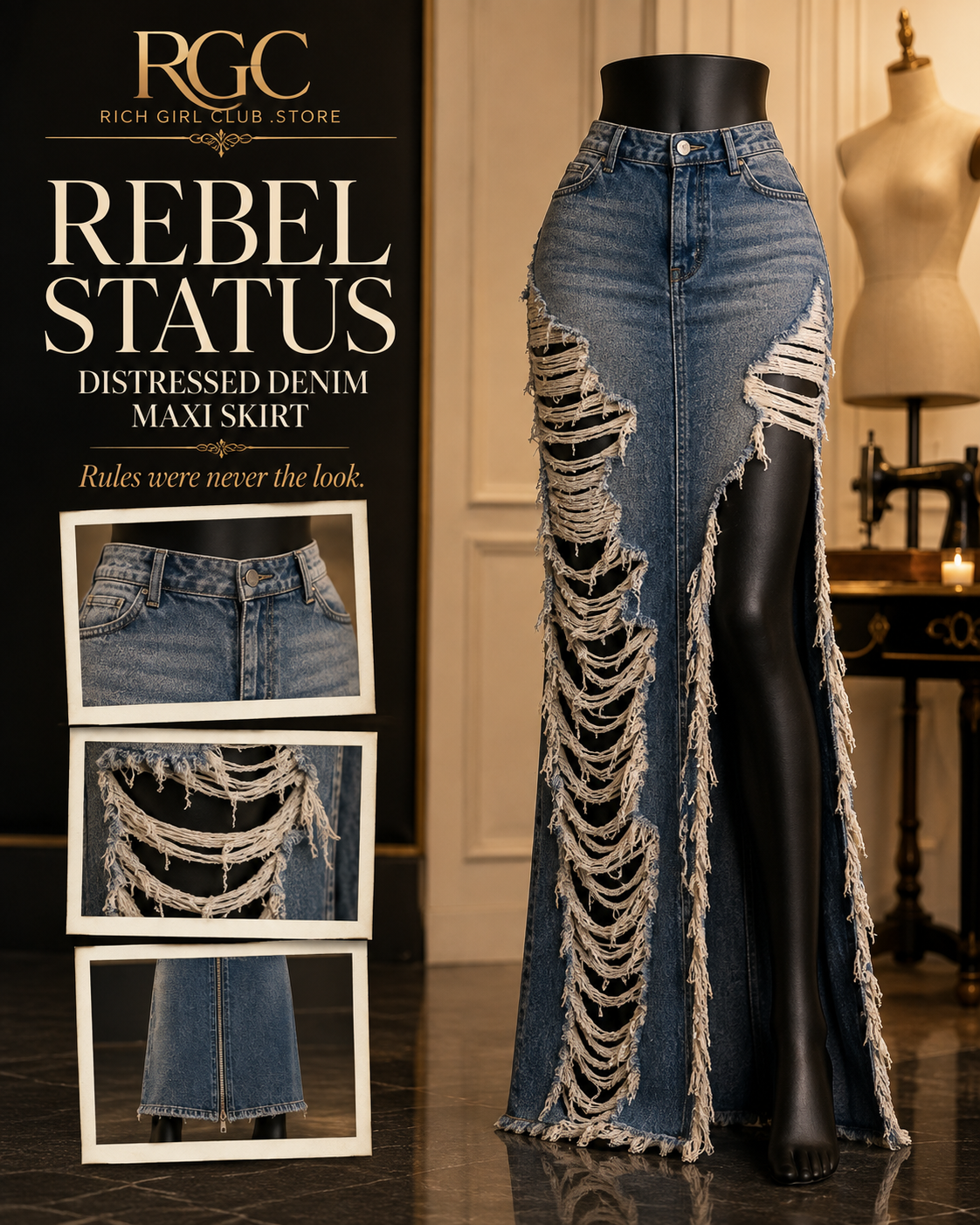 Rebel Status Distressed Denim Maxi Skirt RGC mannequin and garment details