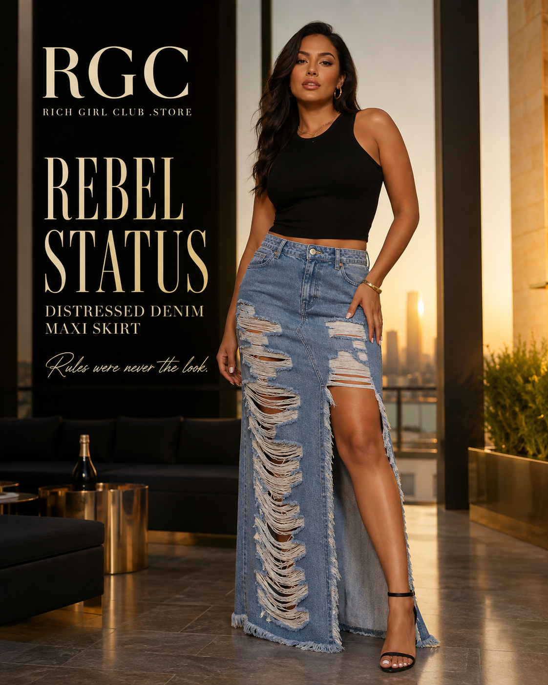 Rebel Status Distressed Denim Maxi Skirt RGC campaign hero on adult model