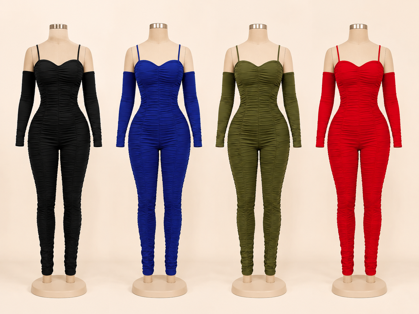 Red Hot Ruched Cutout Jumpsuit — black, blue, olive and red