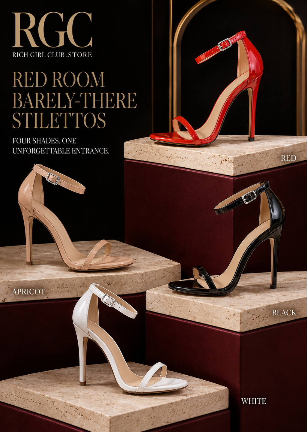 Red Room Barely-There Stilettos RGC product detail showing red apricot black and white color options