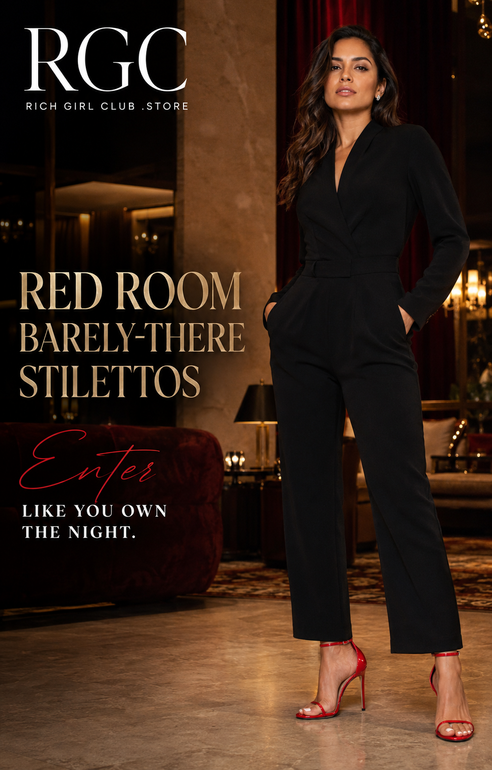 Red Room Barely-There Stilettos RGC campaign hero with model wearing glossy red ankle-strap stilettos