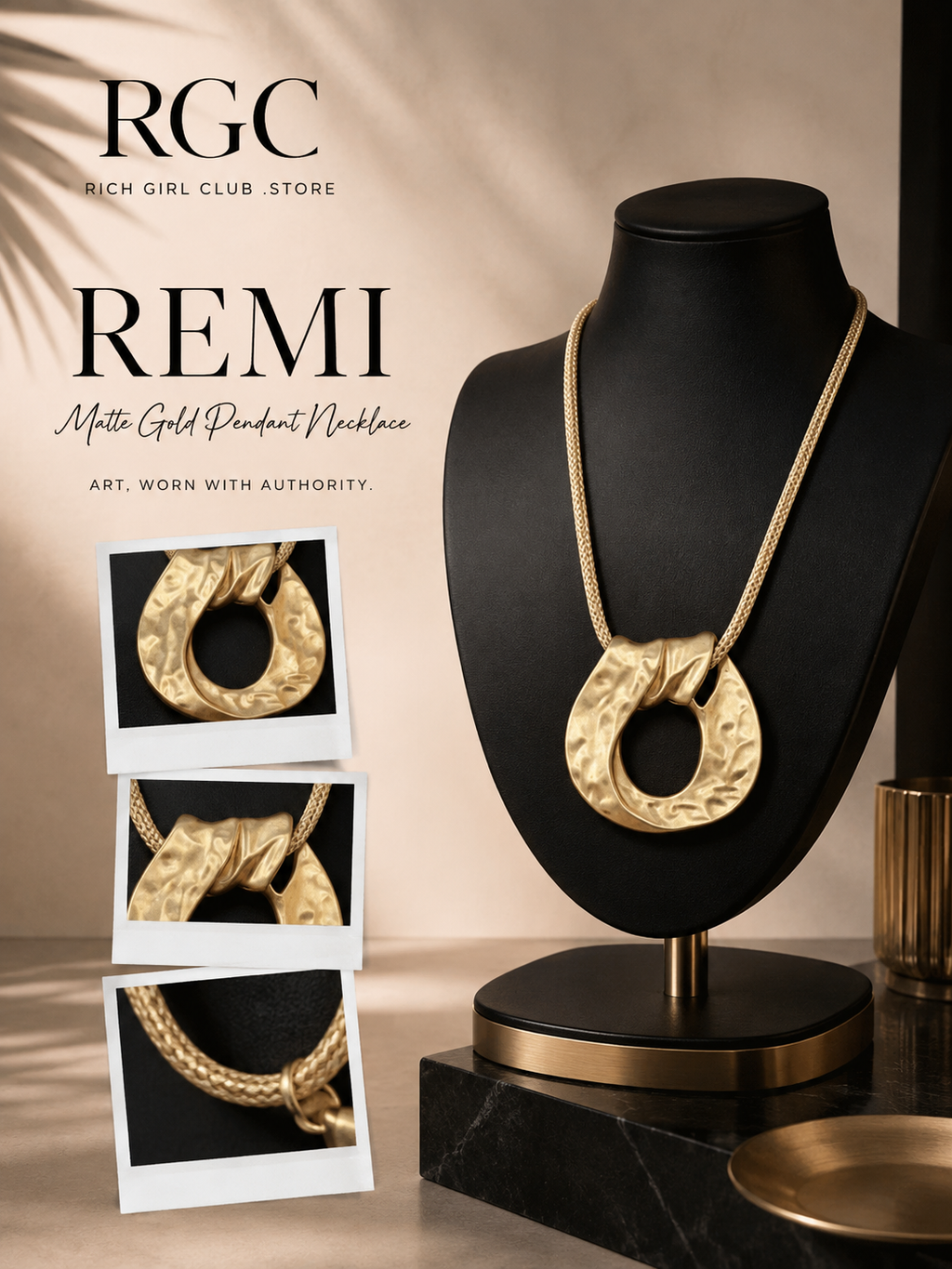 Remi Matte Gold Pendant Necklace RGC jewelry bust and detail campaign showing the exact pendant surface, folded form and chain