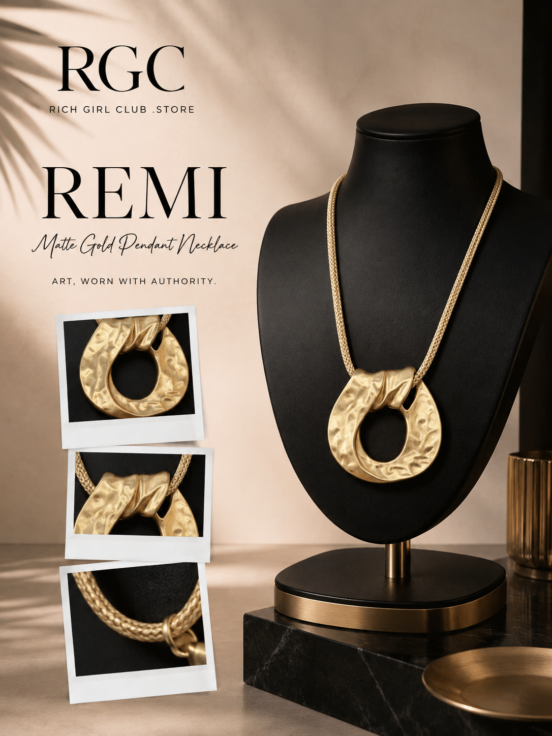 Remi Matte Gold Pendant Necklace RGC jewelry bust and detail campaign showing the exact pendant surface, folded form and chain