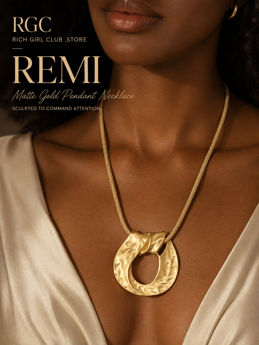 Remi Matte Gold Pendant Necklace RGC macro campaign showing the exact hammered sculptural gold pendant and textured chain