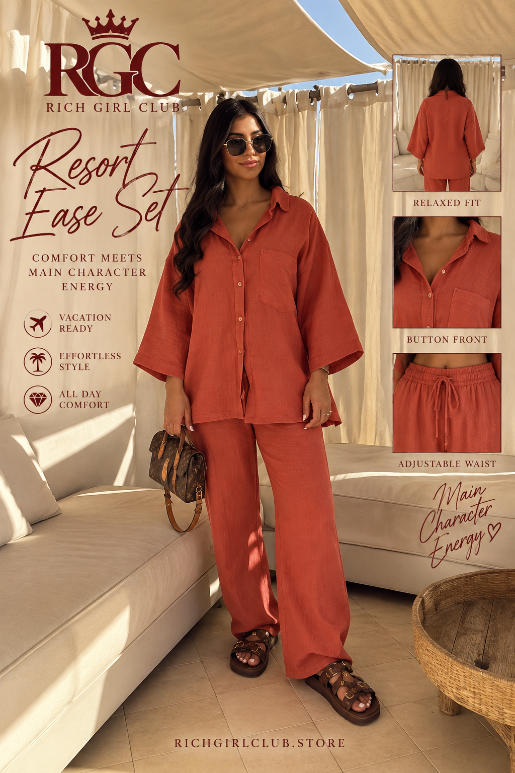 Resort Ease Set RGC campaign hero in orange red, showing the relaxed button-front shirt and matching drawstring wide-leg trousers.
