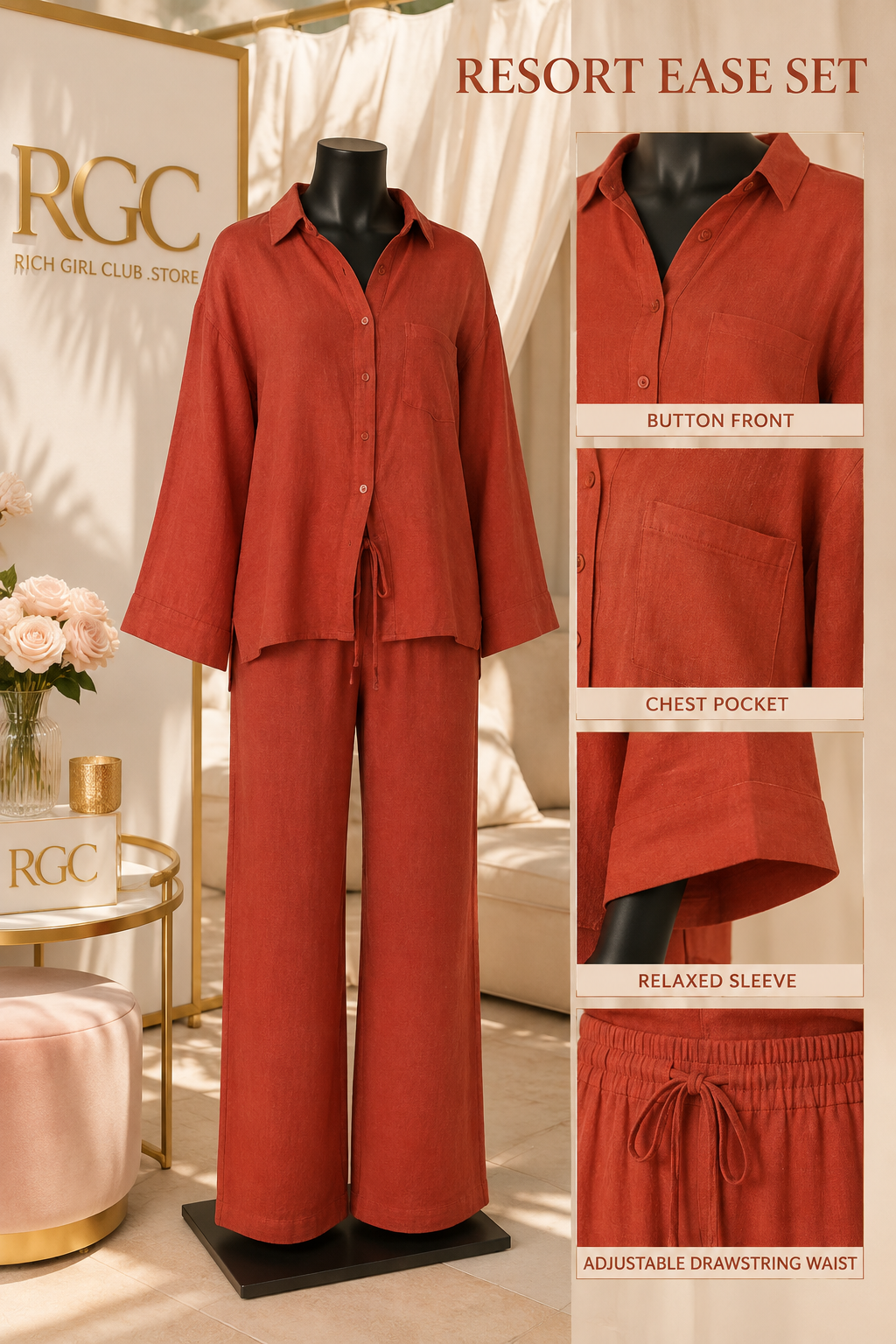 Resort Ease Set in orange red on a matte-black mannequin with details of the button-front shirt, chest pocket, relaxed sleeve, and drawstring wide-leg trousers.