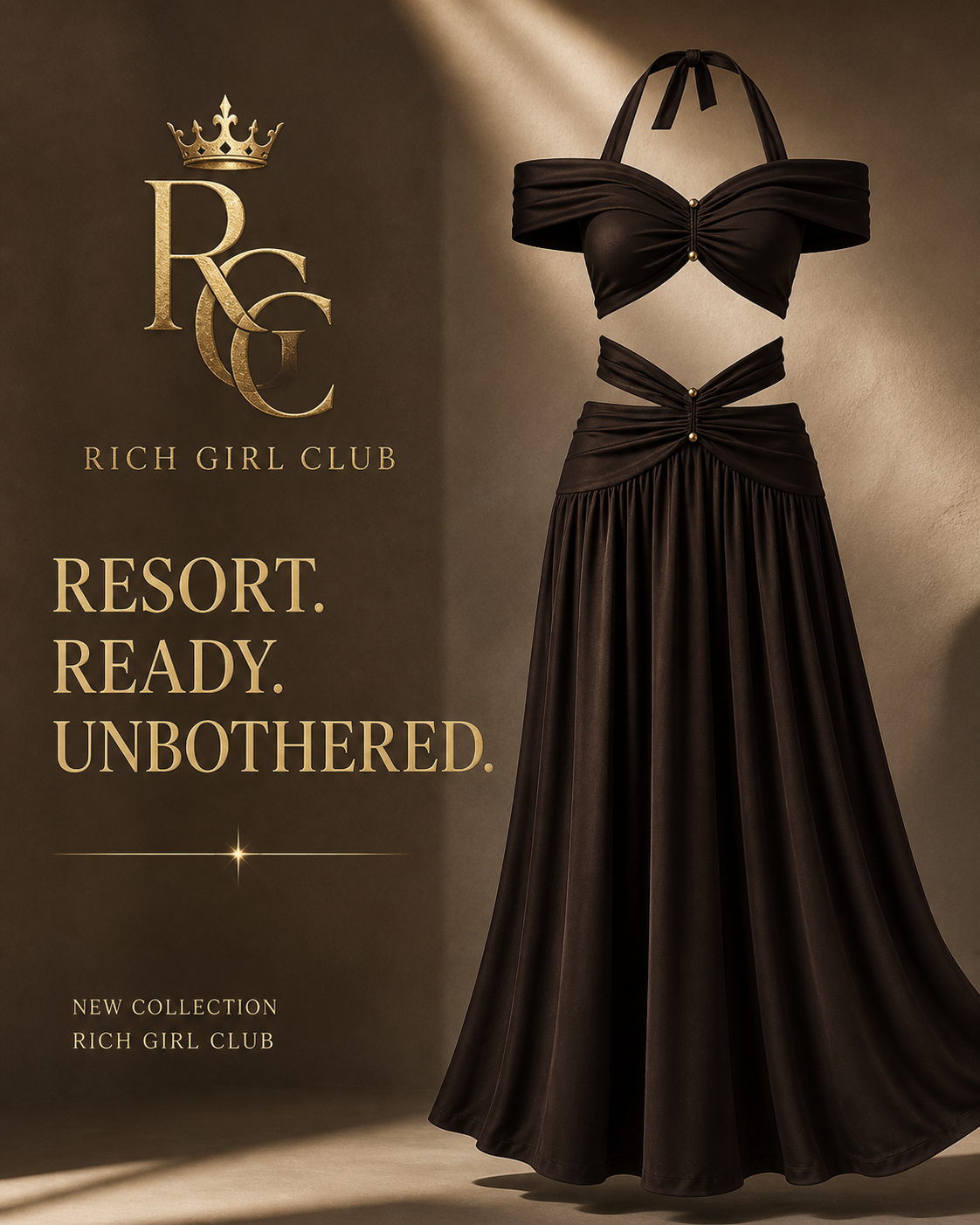 Rich Girl Club Resort Energy dark-brown halter cutout maxi campaign