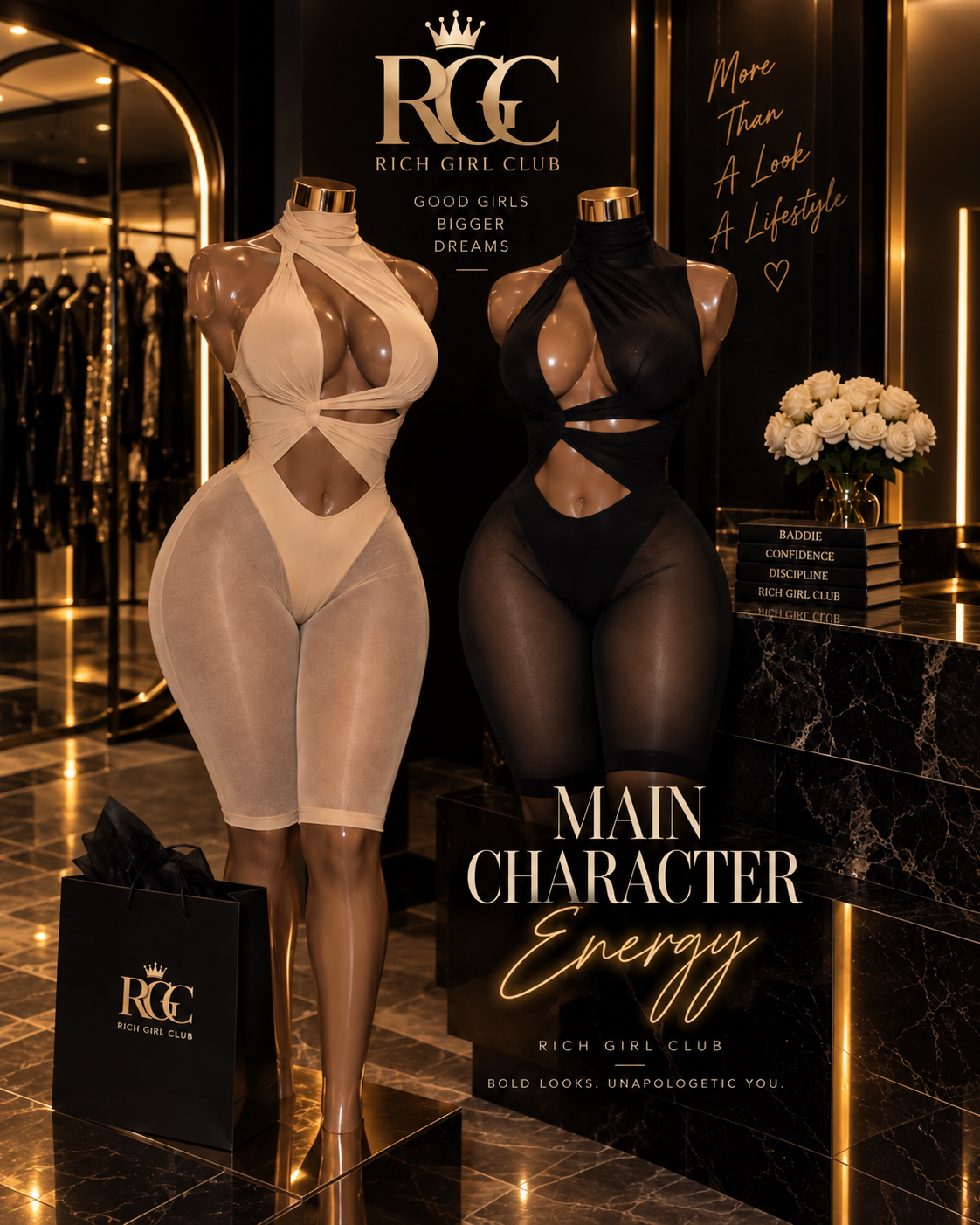 Rich Girl Club black and gold fashion campaign
