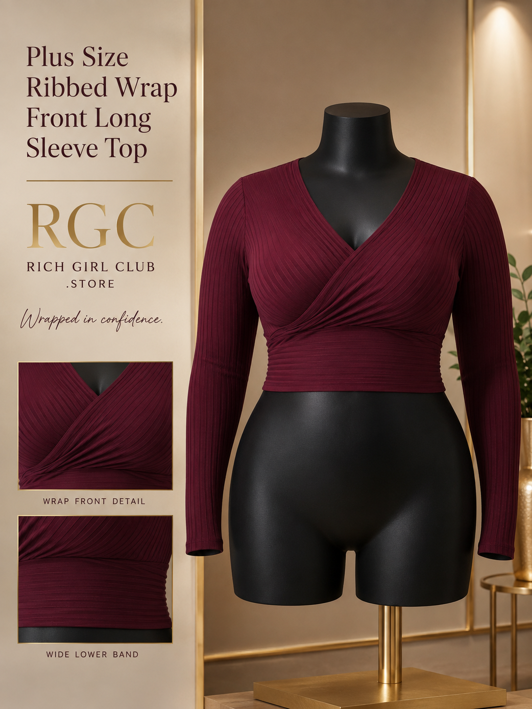 RGC mannequin detail of the Plus Size Ribbed Wrap Front Long Sleeve Top in burgundy
