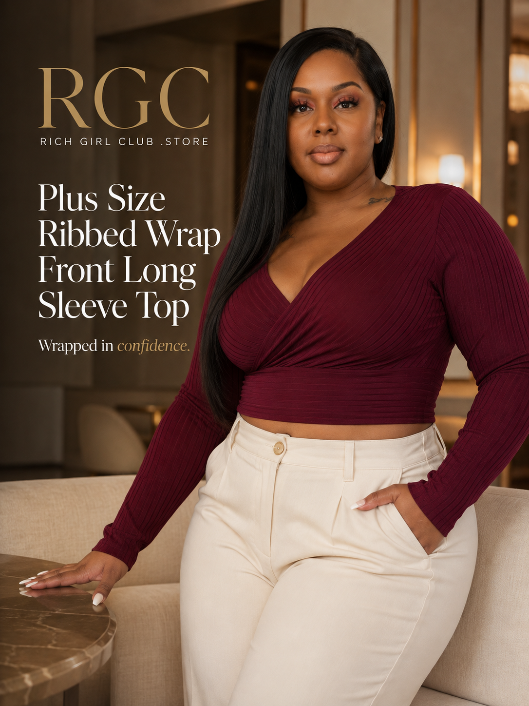 RGC campaign model wearing the Plus Size Ribbed Wrap Front Long Sleeve Top in burgundy