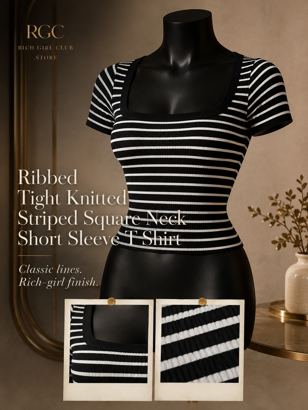 Rich Girl Club mannequin detail of the Main Character Striped Square-Neck Top showing its square neckline and ribbed stripes